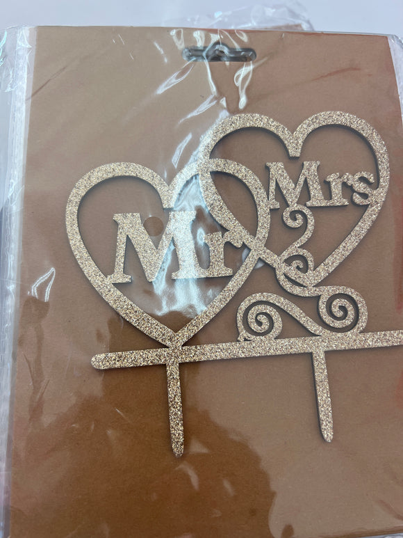 Champagne Gold Wooden Glitter Mr & Mrs Hearts Topper