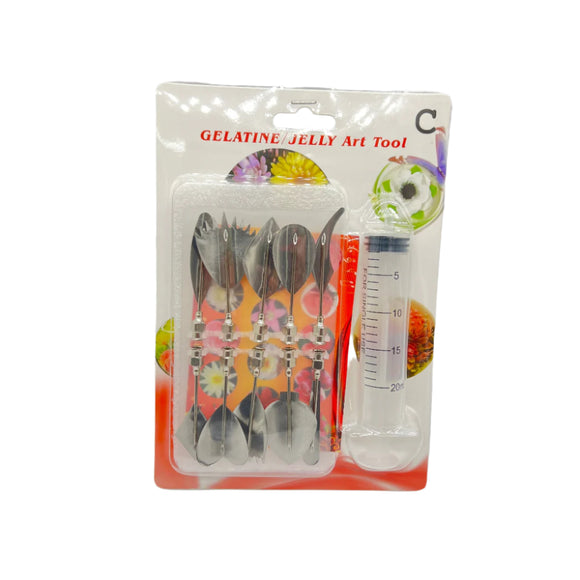 Packaged gelatin jelly art tool set with measuring device on a gray background