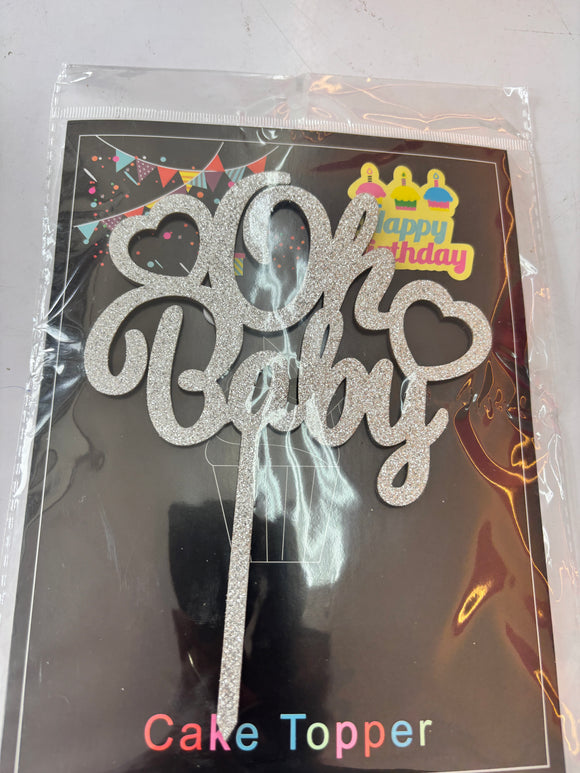 Silver Heart Wooden Glitter Oh Baby Topper