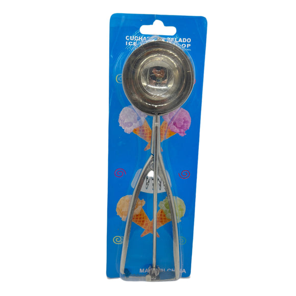 Metallic ice cream scoop on a blue packaging background with ice cream cone graphics.