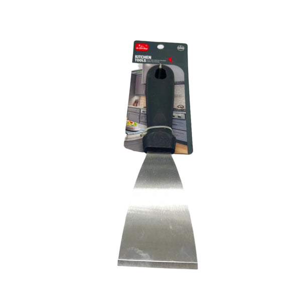 Kitchen scraper with black handle and metallic blade on a white background