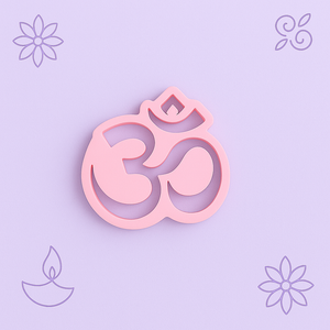 Pink Om symbol on a light purple background with decorative elements