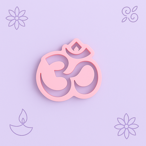 Pink Om symbol on a light purple background with decorative elements