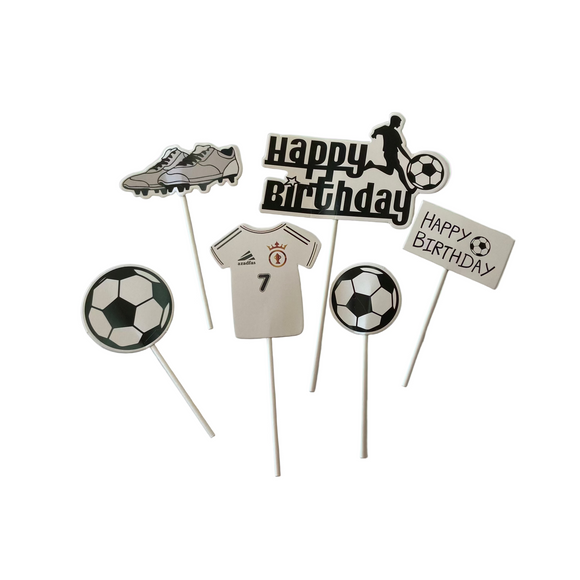 Soccer Black & White “Happy Birthday” Paper Cake Toppers – 5pc Set