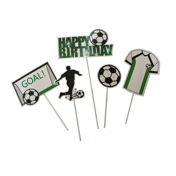 Soccer Green “Happy Birthday” Paper Cake Toppers – 5pc Set