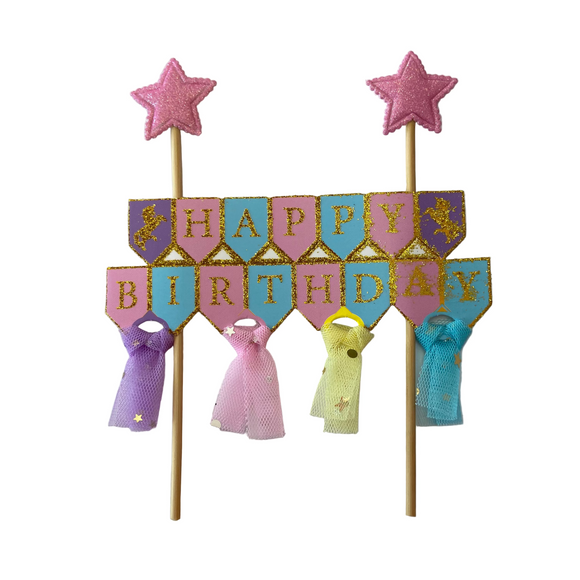 Whimsical “Happy Birthday” Glitter Banner Cake Topper