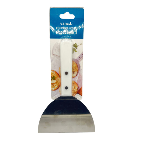 Spatula with white handle and metal blade on a gray background