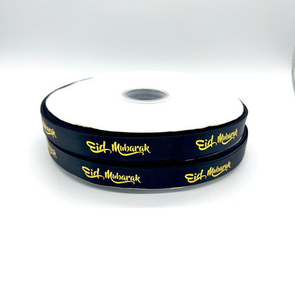 Eid Mubarak Ribbon Gold on Black 1 Meter