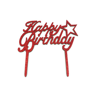 Wooden Glitter Happy Birthday Topper Red